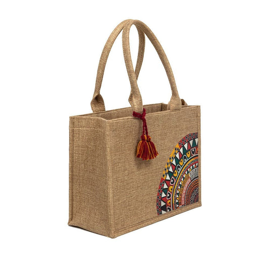 Eco-Friendly Jute Tote Bag with Boho Mandala Print & Tassel