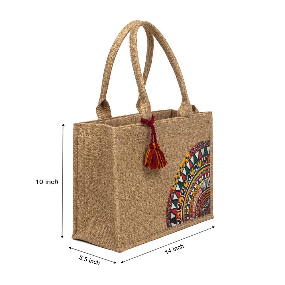 Eco-Friendly Jute Tote Bag with Boho Mandala Print & Tassel