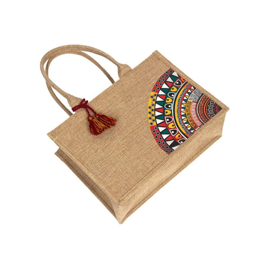 Eco-Friendly Jute Tote Bag with Boho Mandala Print & Tassel